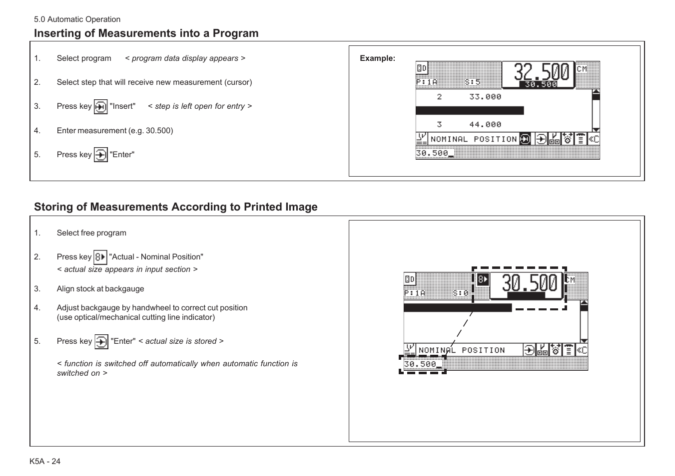 Inserting of measurements into a program, Storing of measurements according to printed image | Baumfolder Baumcut Programmable 26.4 User Manual | Page 58 / 104