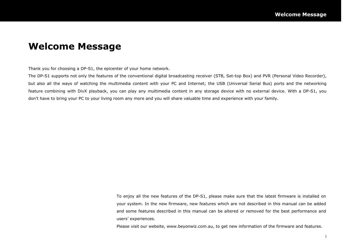 Welcome message | Beyonwiz DP-S1 User Manual | Page 2 / 83