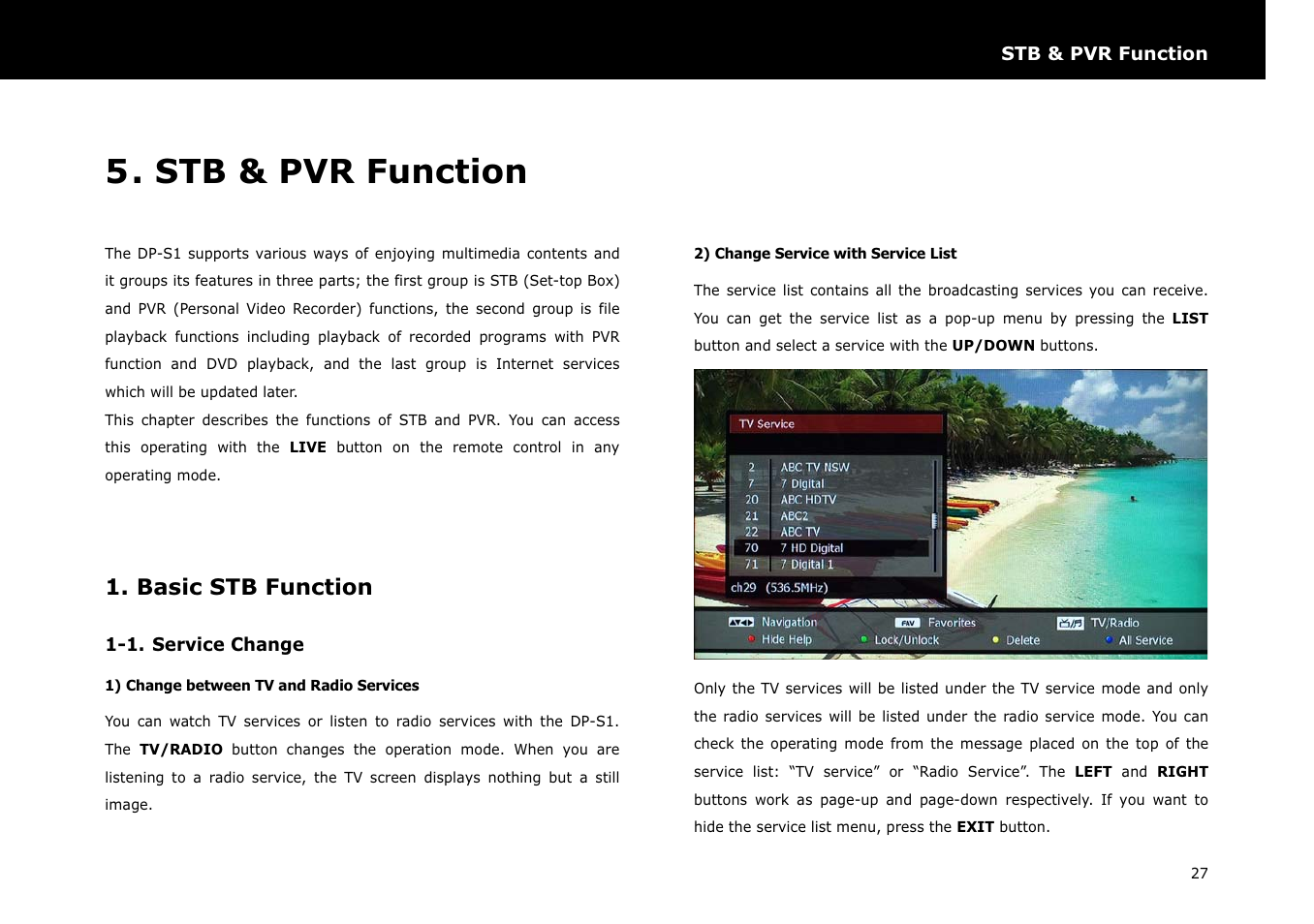 Stb & pvr function, Basic stb function | Beyonwiz DP-S1 User Manual | Page 34 / 83