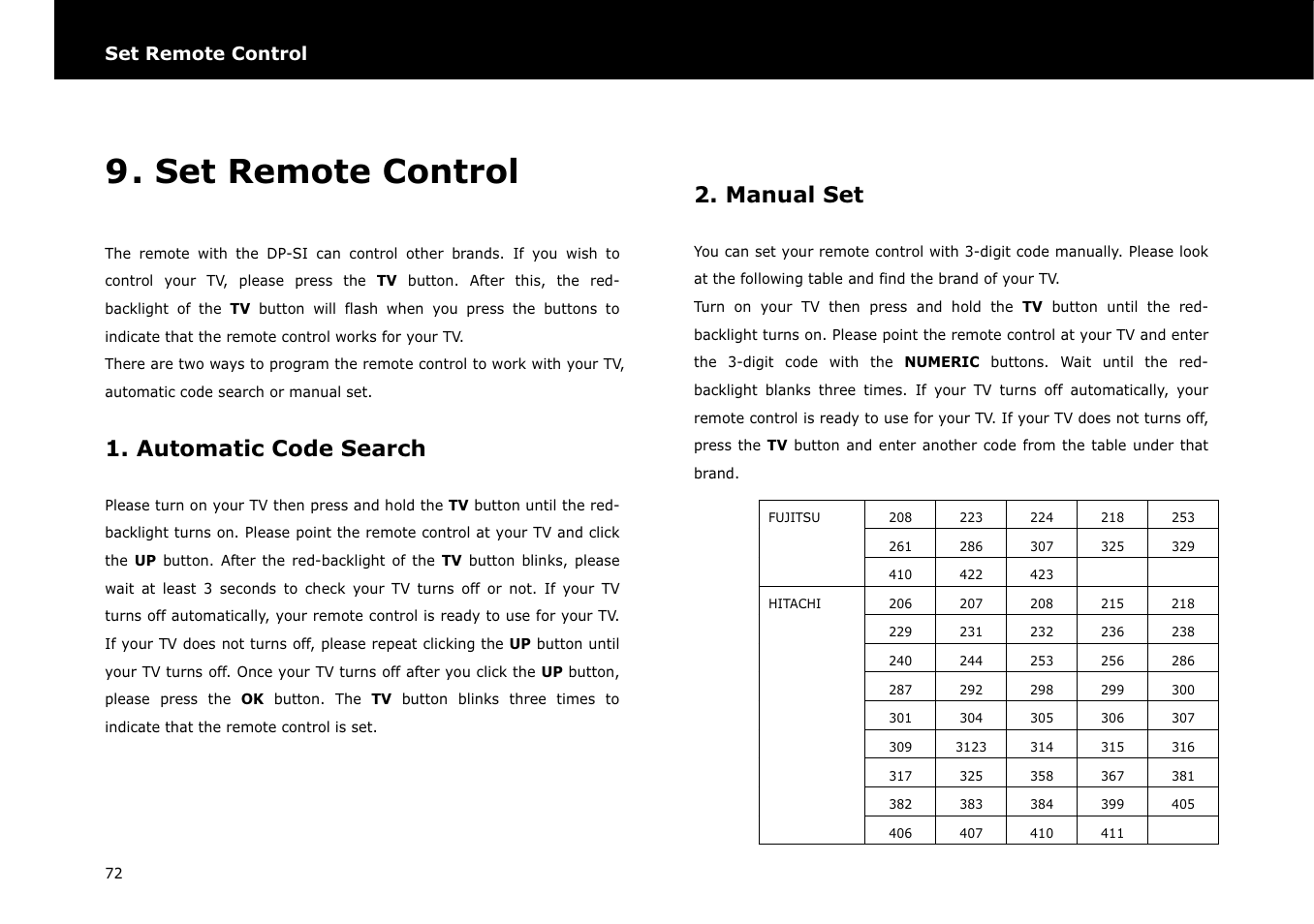 Set remote control, Automatic code search, Manual set | Beyonwiz DP-S1 User Manual | Page 79 / 83