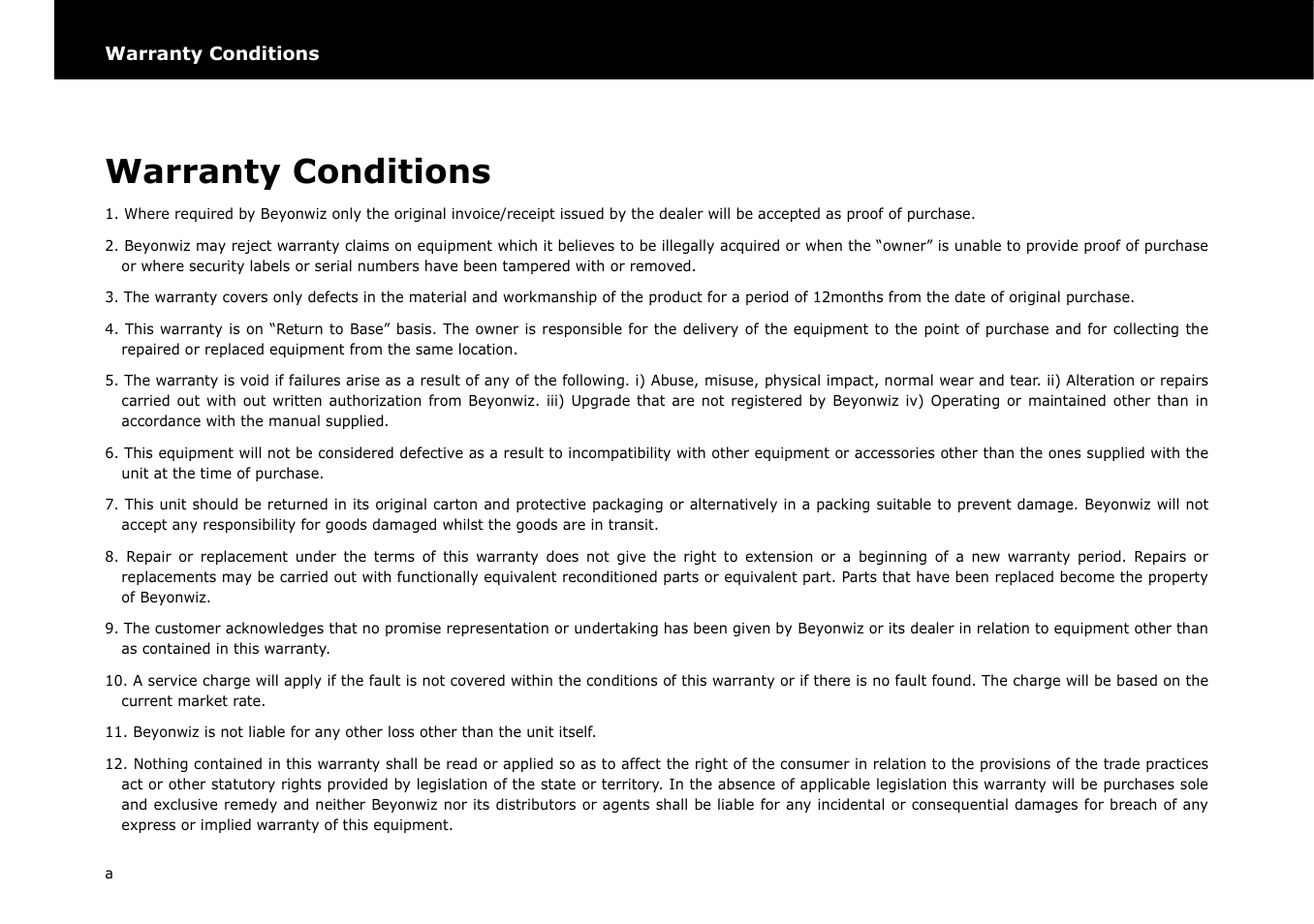 Warranty conditions | Beyonwiz DP-S1 User Manual | Page 81 / 83