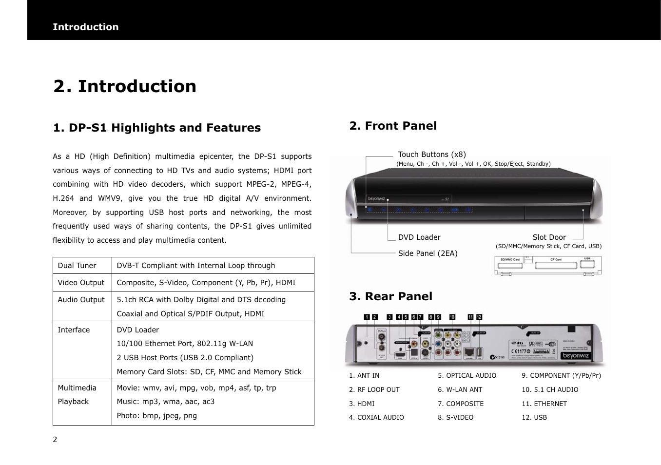 Introduction, Dp-s1 highlights and features, Front panel | Rear panel | Beyonwiz DP-S1 User Manual | Page 9 / 83