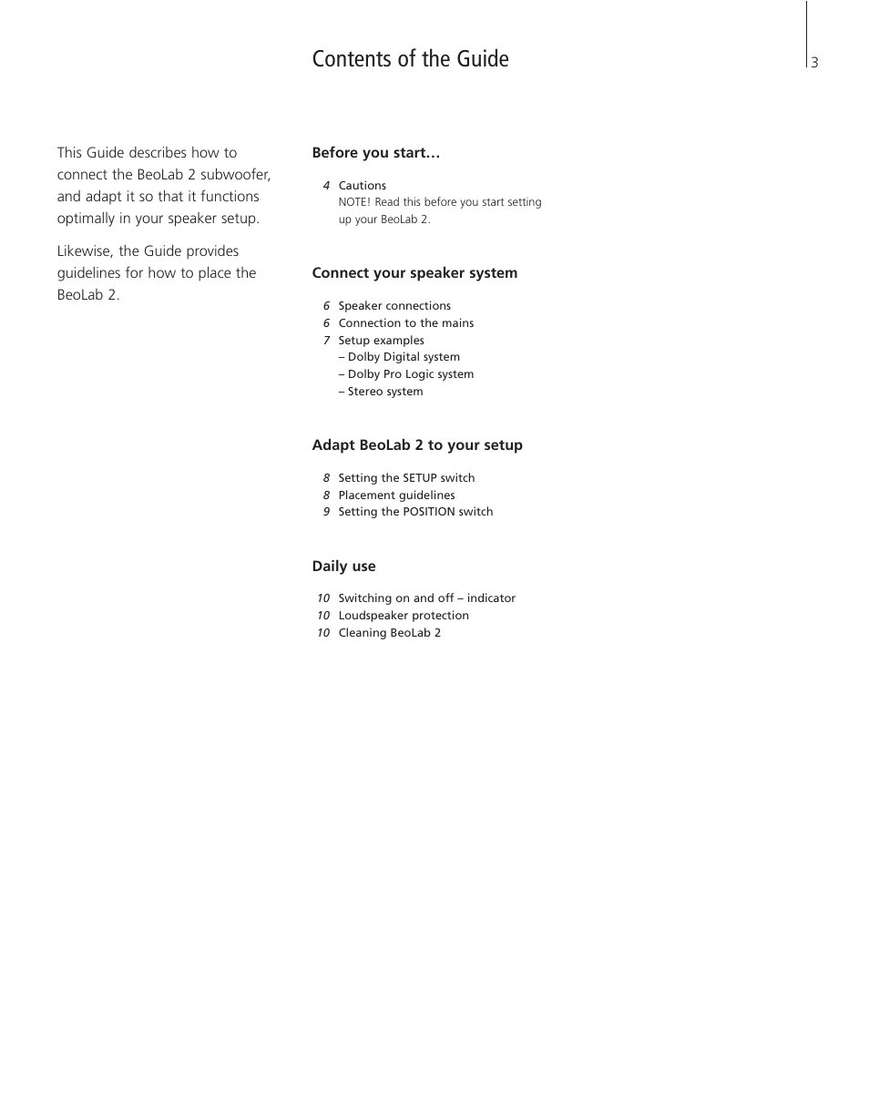 Contents of the guide | Bang & Olufsen BeoLab 2 - User Guide User Manual | Page 3 / 12