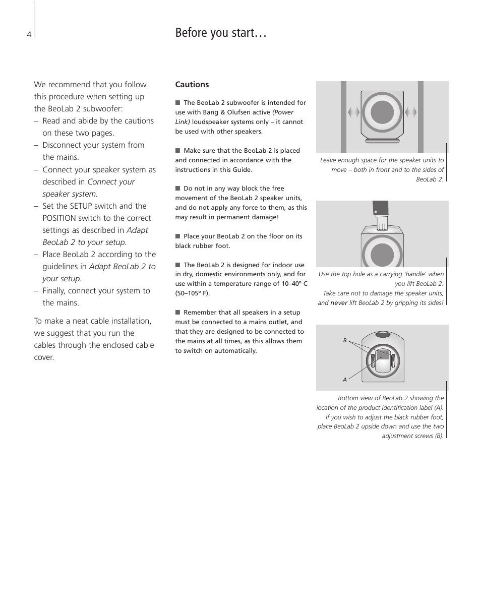 Before you start | Bang & Olufsen BeoLab 2 - User Guide User Manual | Page 4 / 12