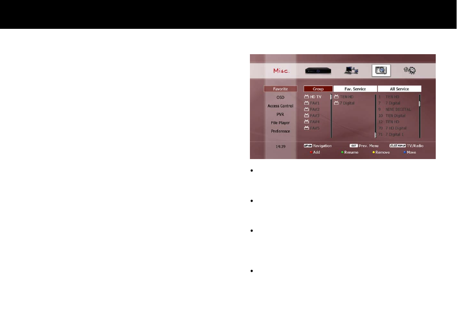 Advanced setup, Miscellaneous, Favorite | Beyonwiz FV-L1 User Manual | Page 92 / 118