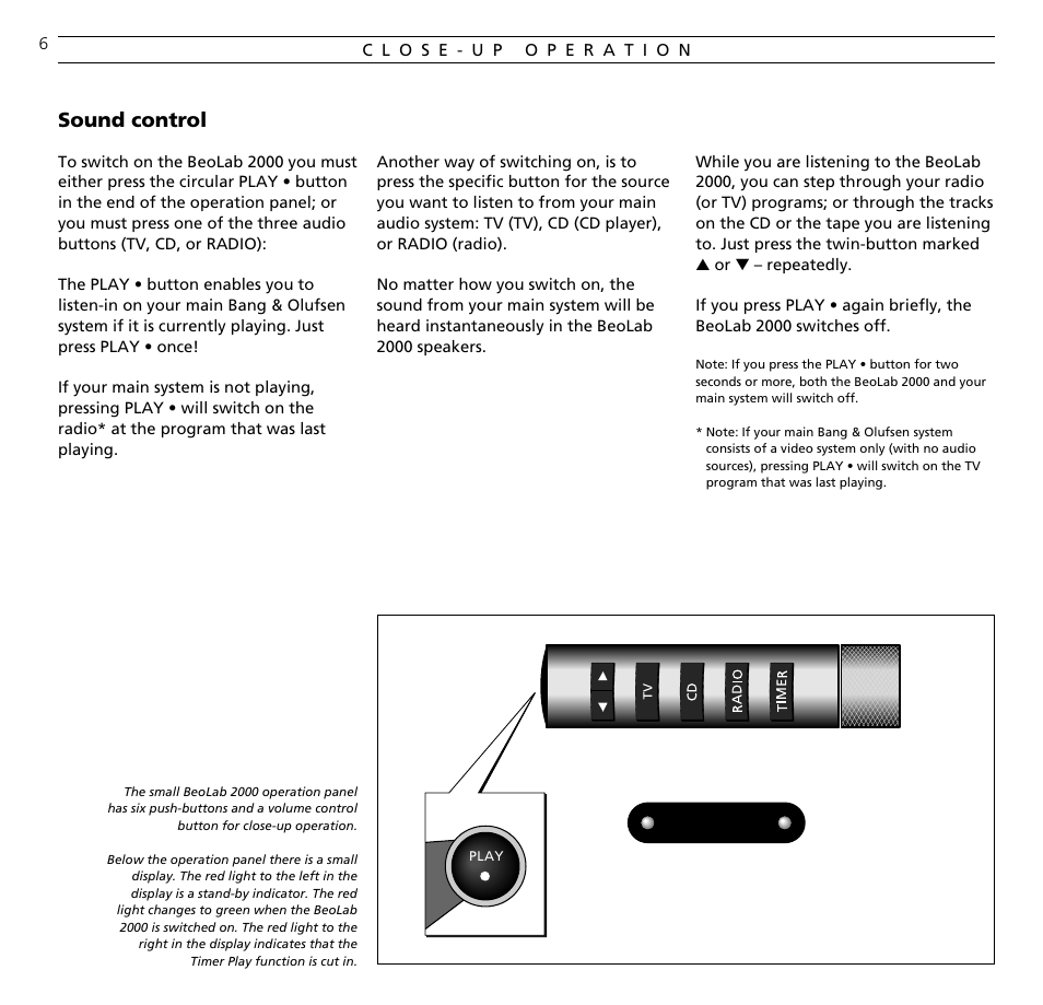 Close-up operation, Sound control | Bang & Olufsen BeoLab 2000 - User Guide User Manual | Page 6 / 12
