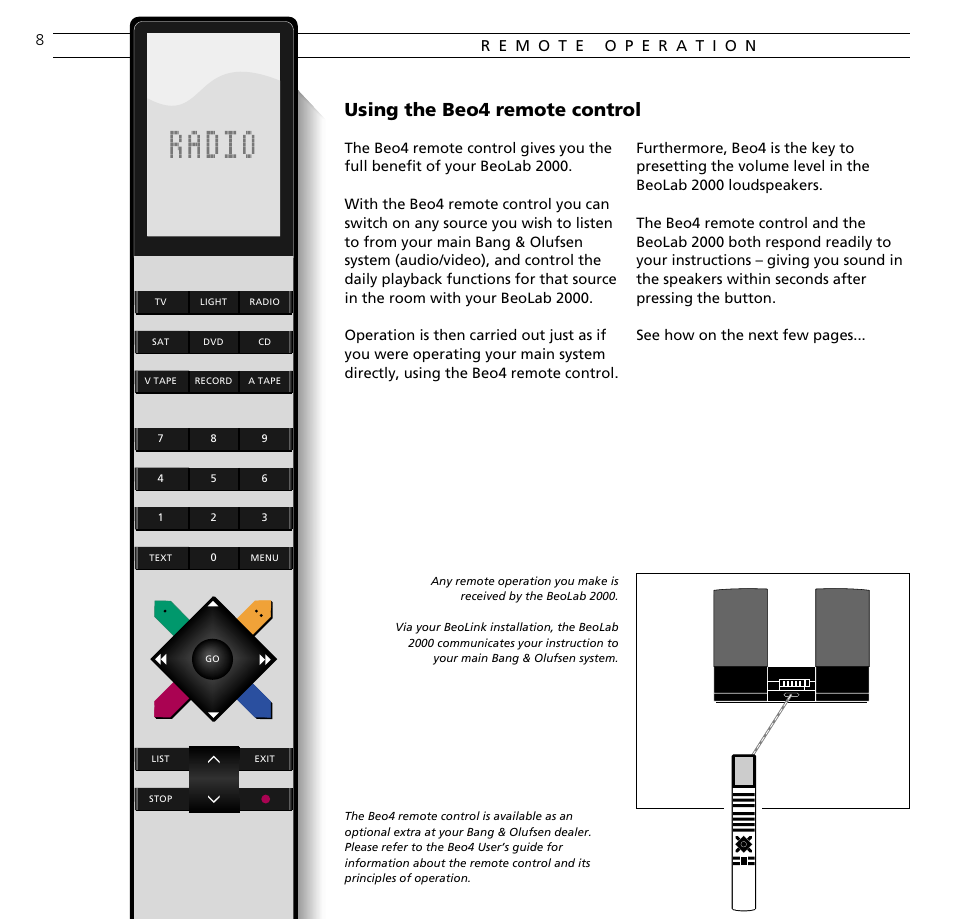 Remote operation, Using the beo4 remote control | Bang & Olufsen BeoLab 2000 - User Guide User Manual | Page 8 / 12