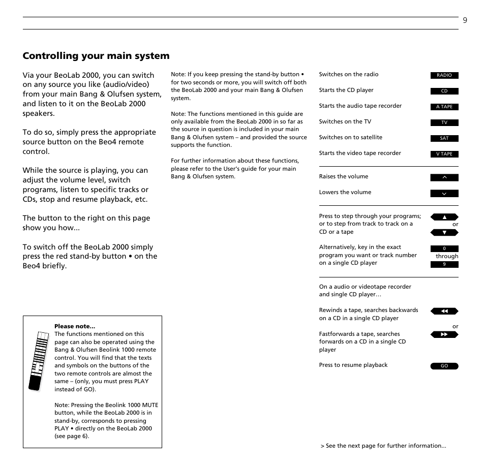 Controlling your main system | Bang & Olufsen BeoLab 2000 - User Guide User Manual | Page 9 / 12