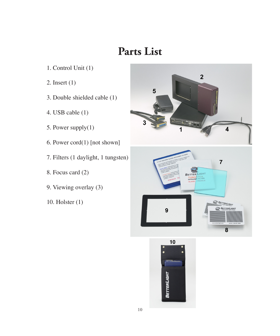 Parts list | Better Light 7 User Manual | Page 10 / 99