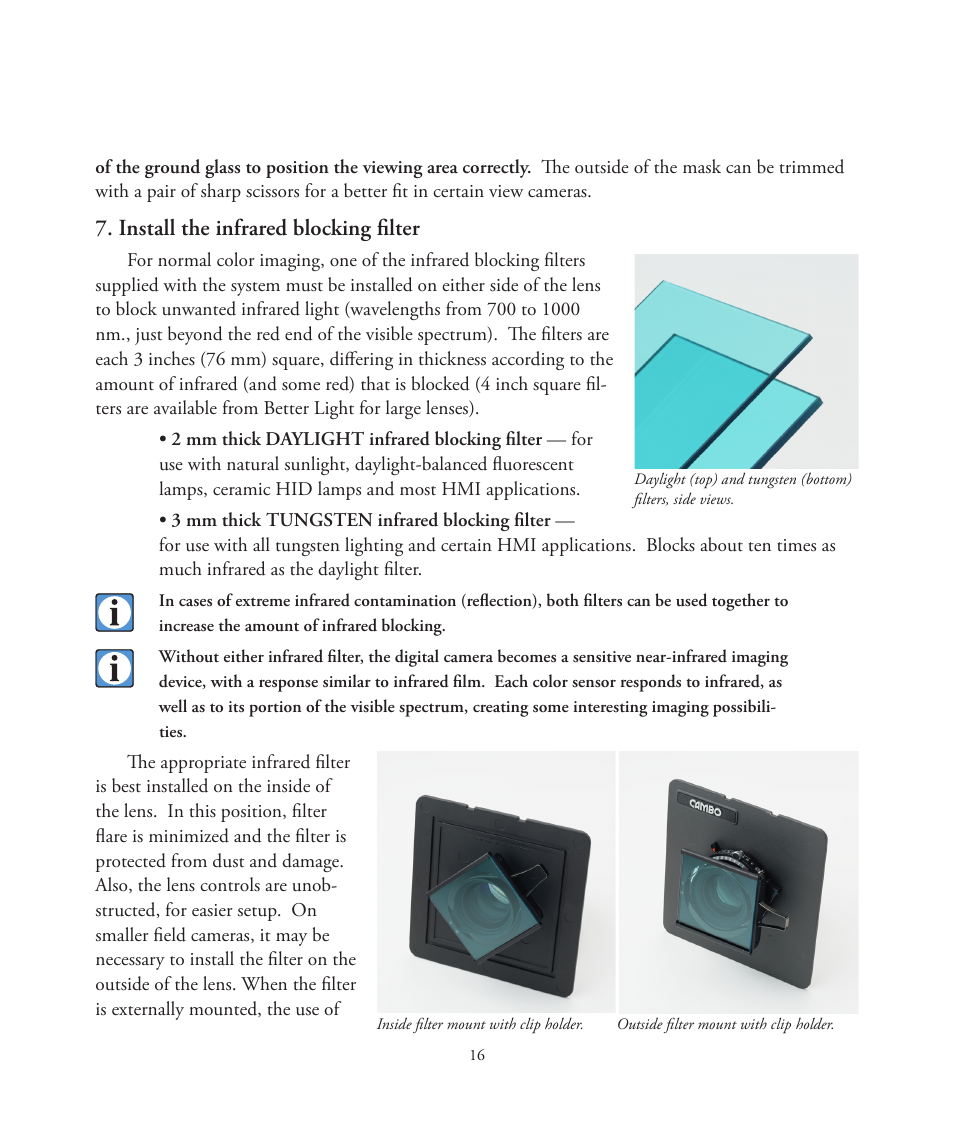 Install the infrared blocking ﬁlter | Better Light 7 User Manual | Page 16 / 99