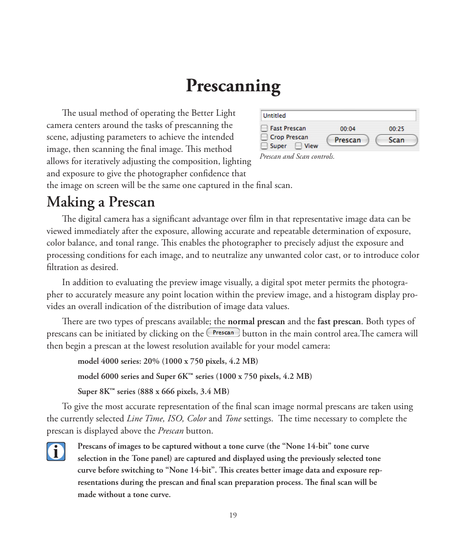 Prescanning, Making a prescan | Better Light 7 User Manual | Page 19 / 99