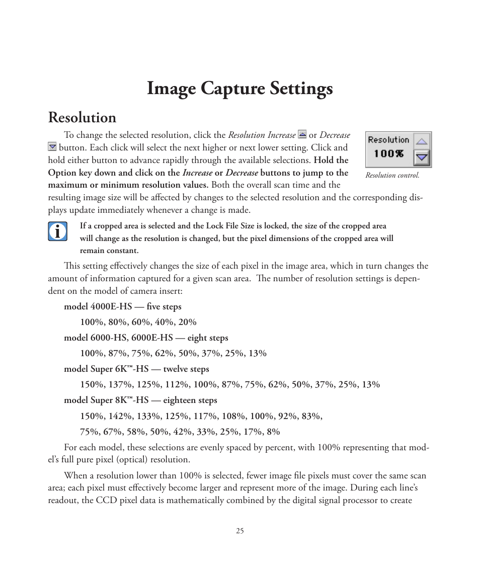 Image capture settings, Resolution | Better Light 7 User Manual | Page 25 / 99