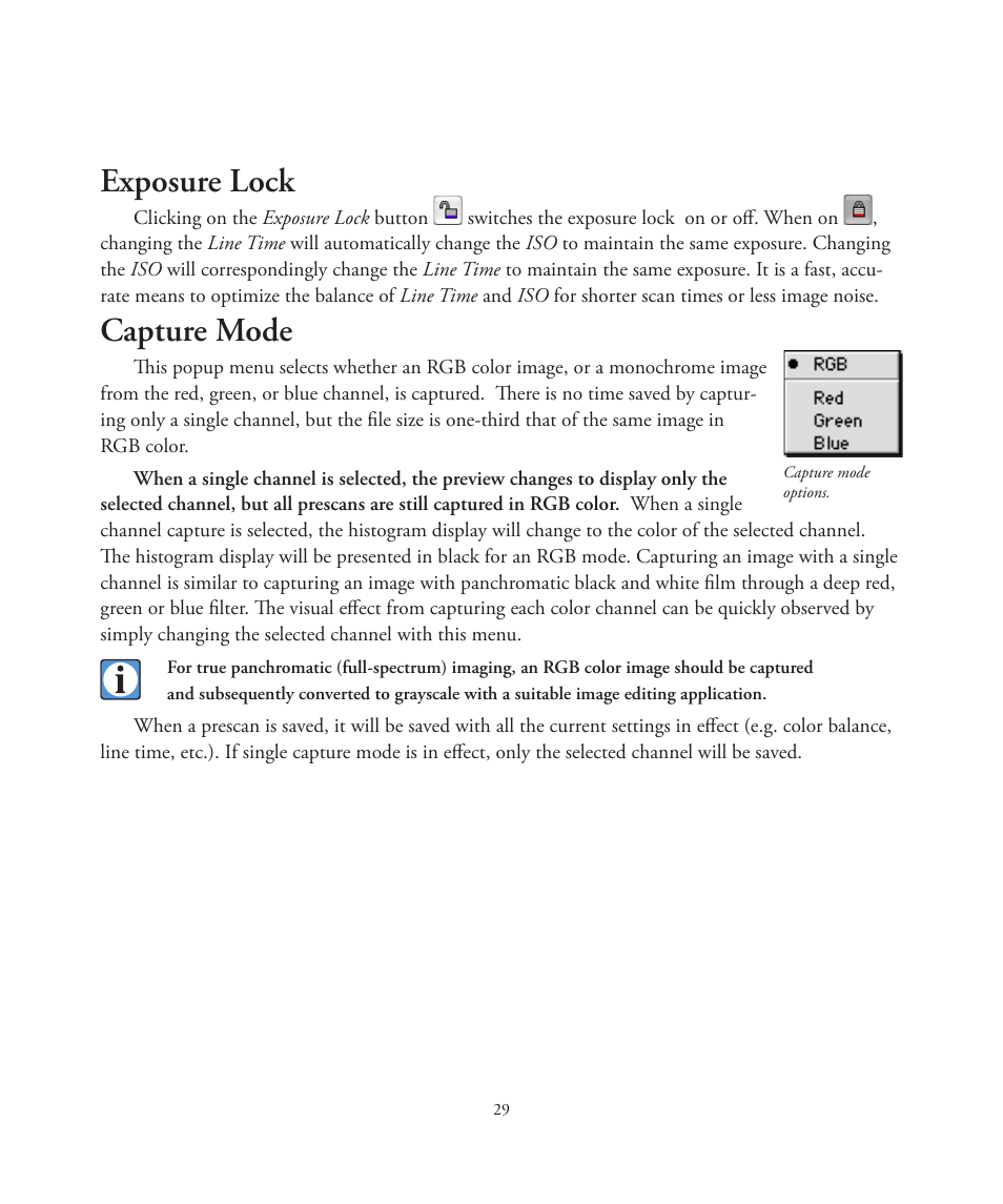 Exposure lock, Capture mode | Better Light 7 User Manual | Page 29 / 99
