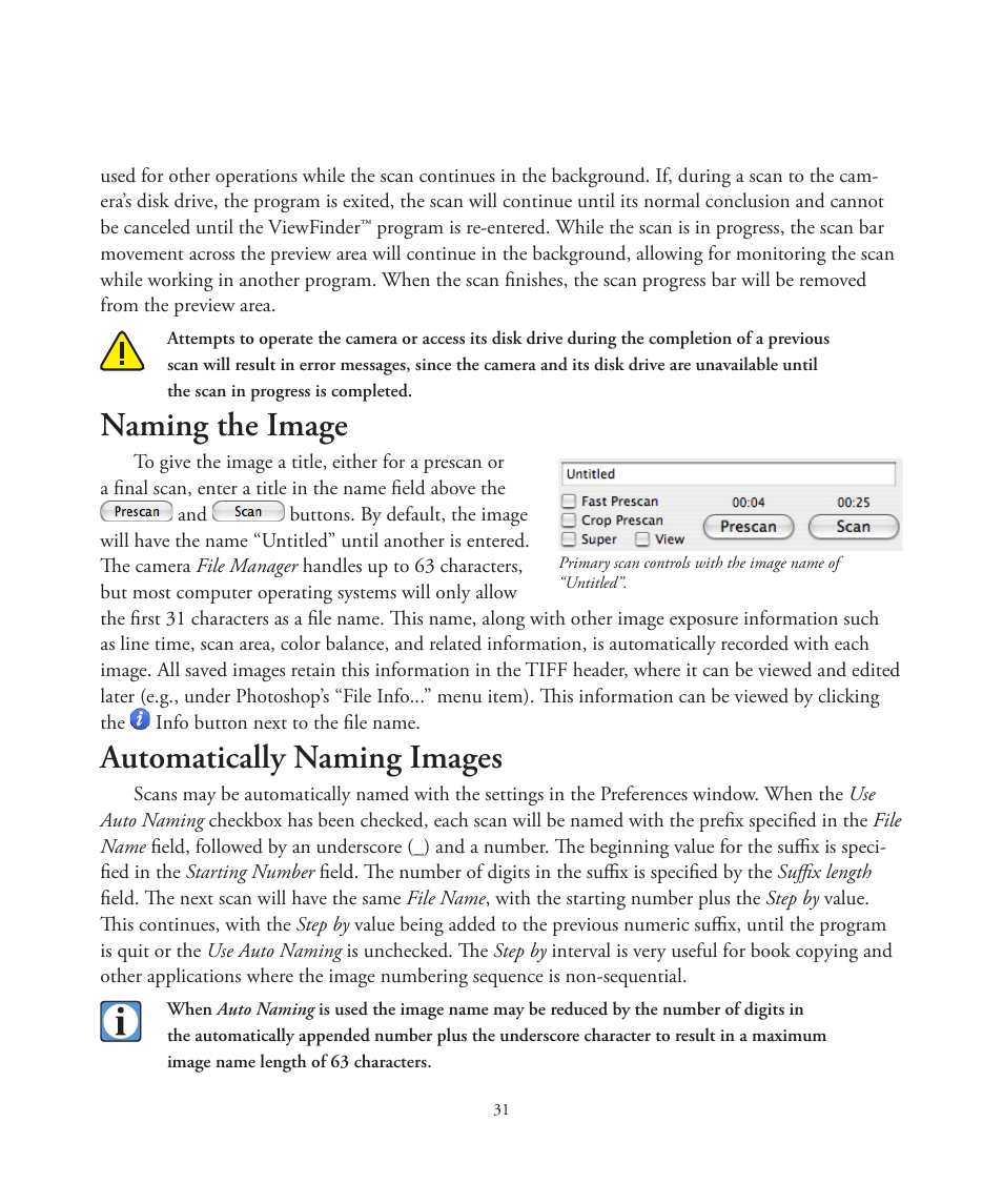 Naming the image, Automatically naming images | Better Light 7 User Manual | Page 31 / 99