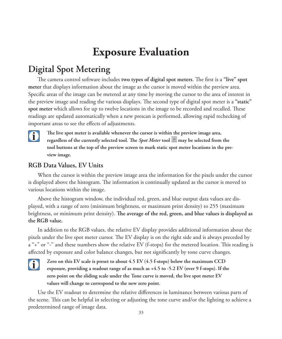Exposure evaluation, Digital spot metering | Better Light 7 User Manual | Page 33 / 99