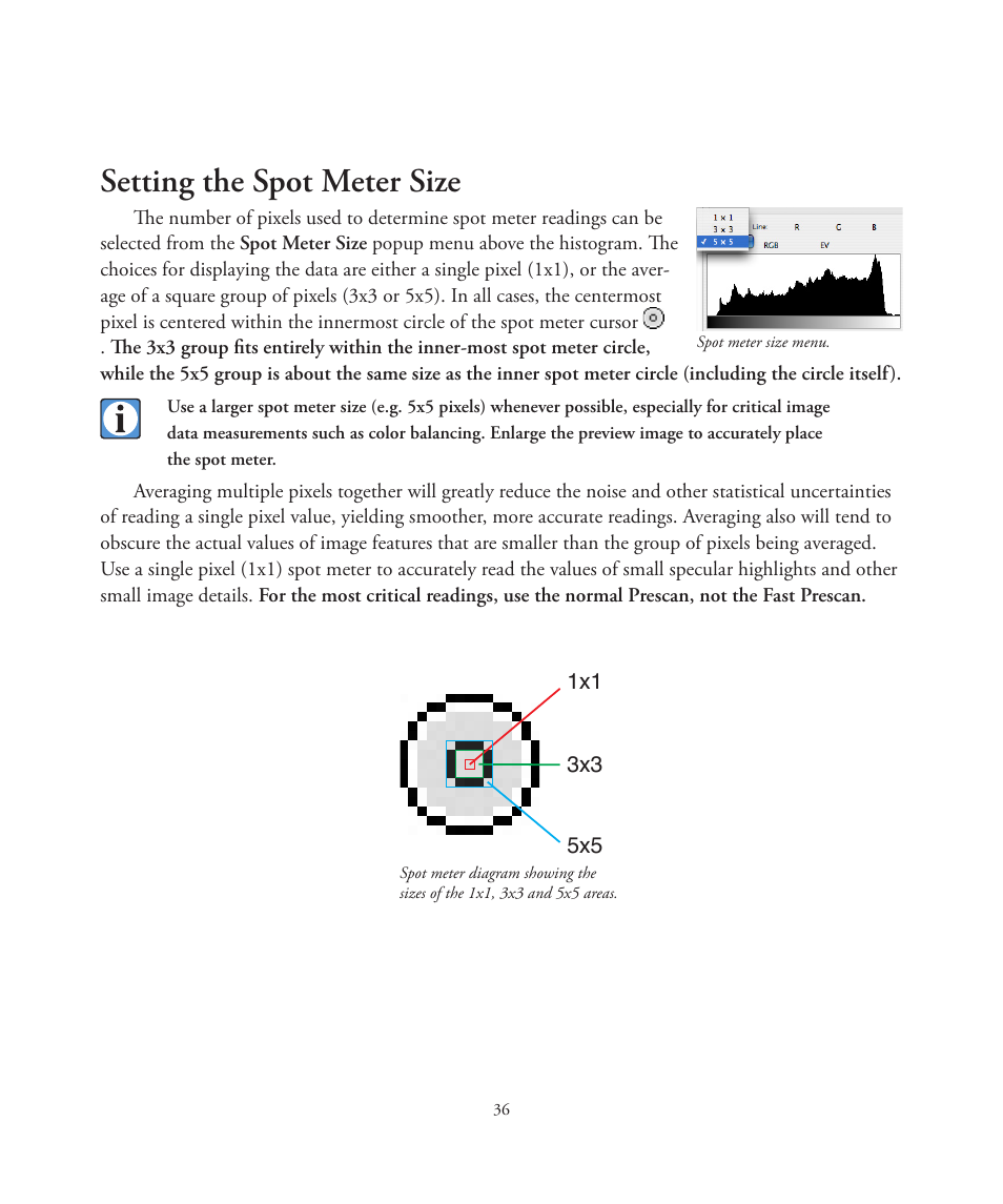 Setting the spot meter size | Better Light 7 User Manual | Page 36 / 99