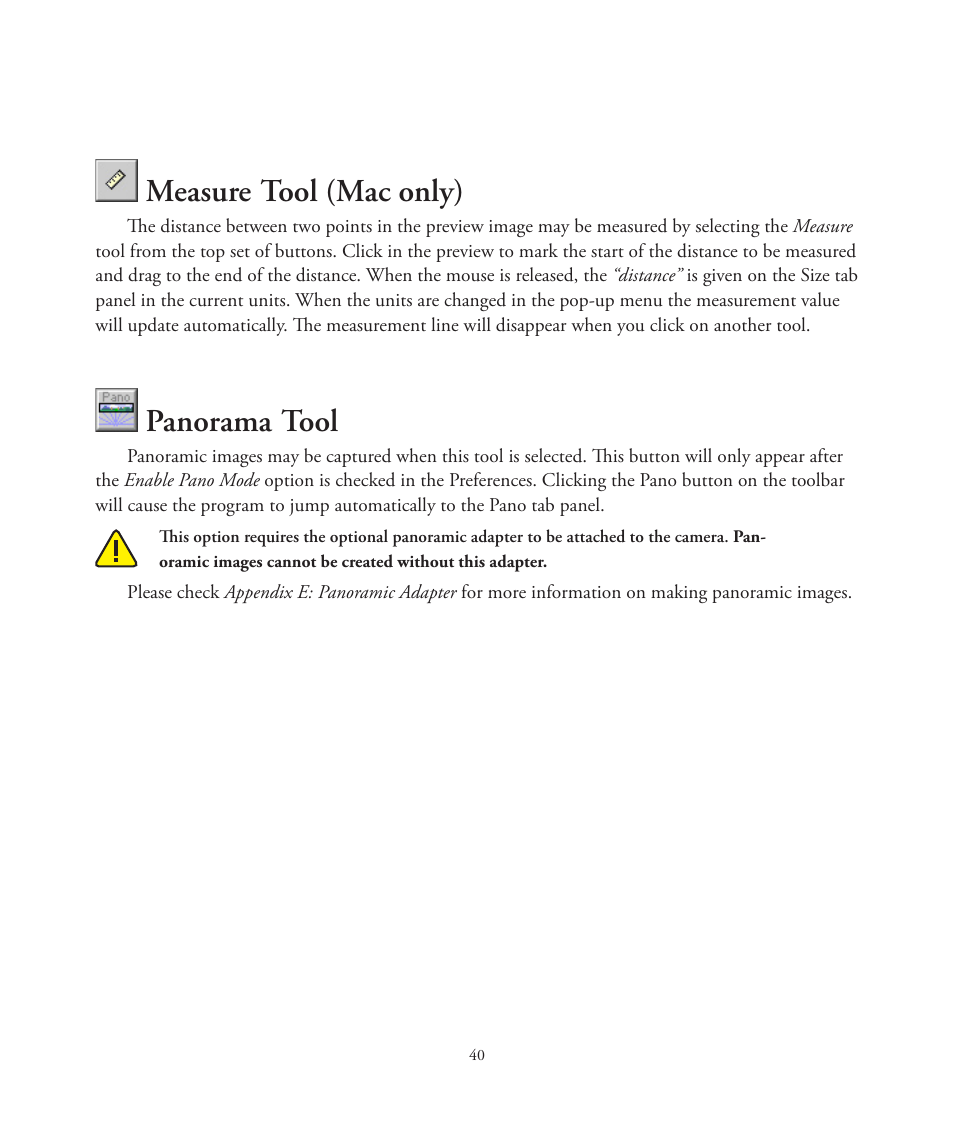 Measure tool (mac only), Panorama tool | Better Light 7 User Manual | Page 40 / 99