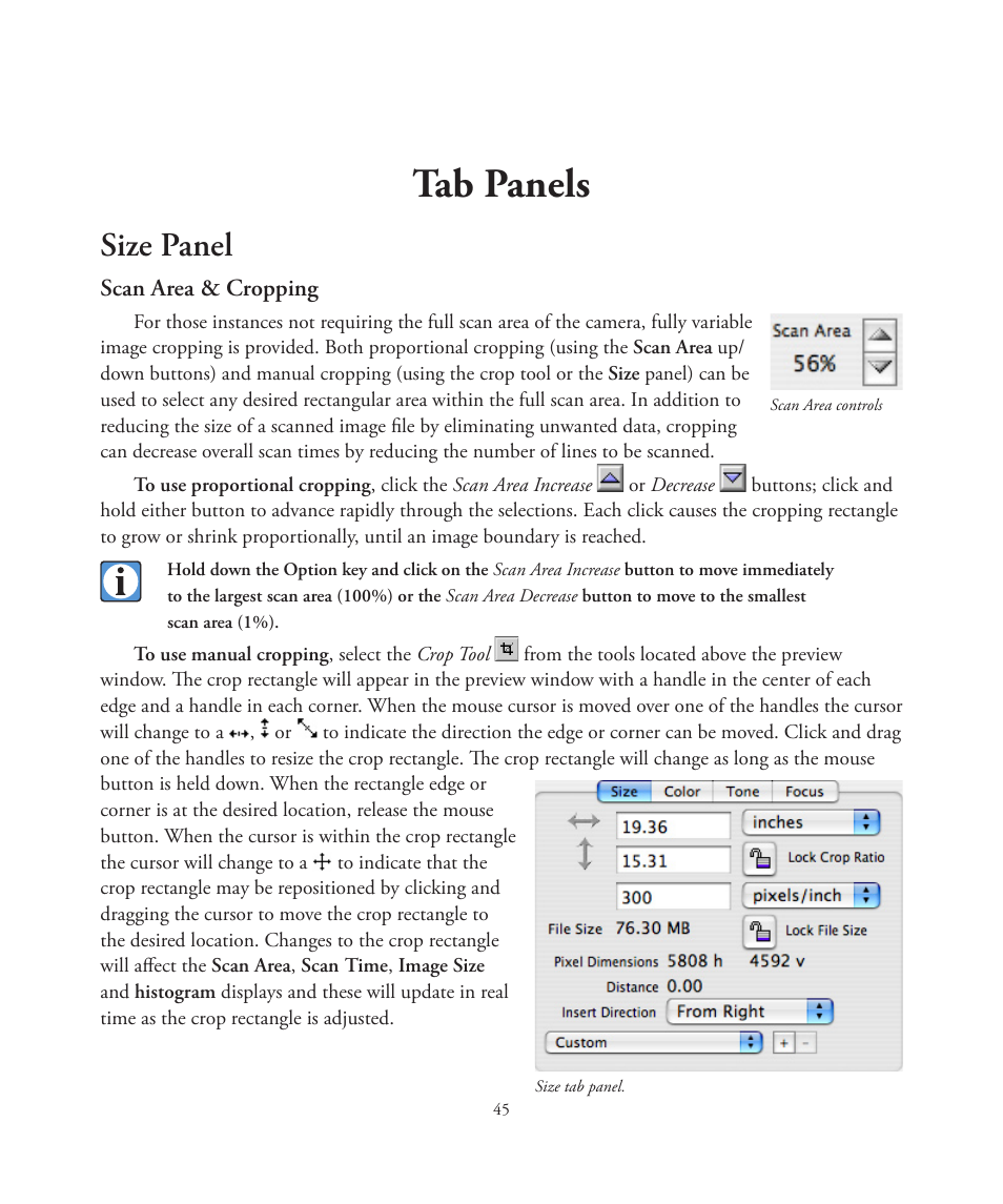 Tab panels, Size panel | Better Light 7 User Manual | Page 45 / 99