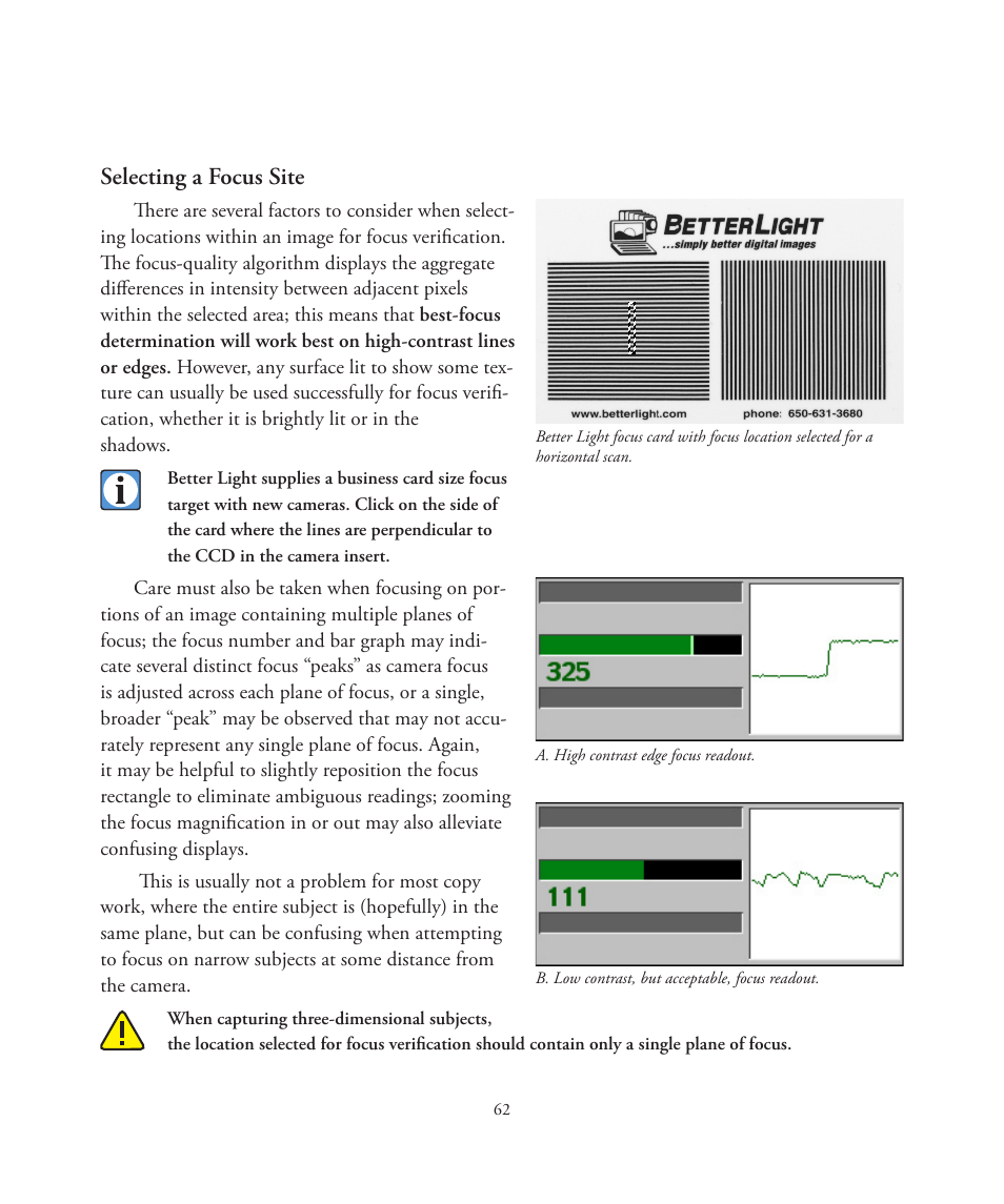 Selecting a focus site | Better Light 7 User Manual | Page 62 / 99