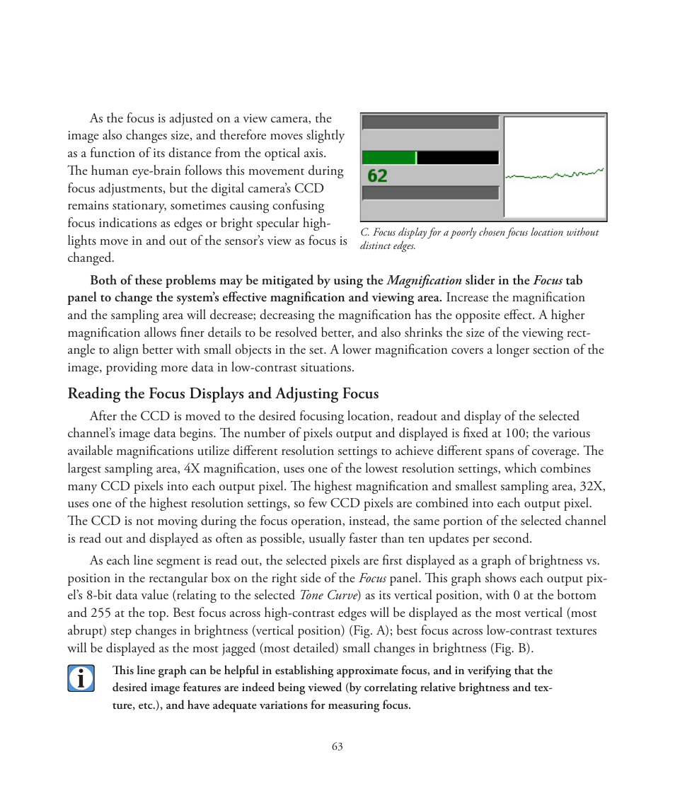 Reading the focus displays and adjusting focus | Better Light 7 User Manual | Page 63 / 99