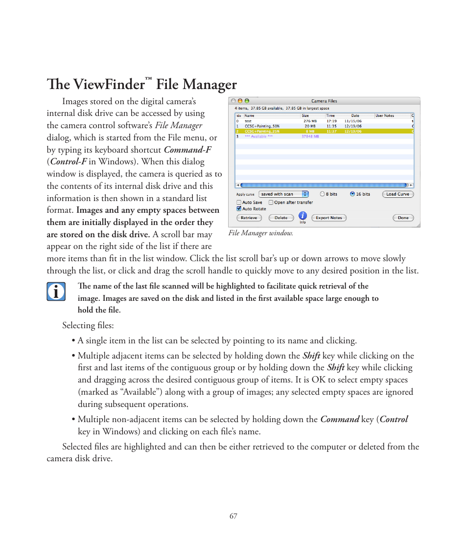 The viewfinder, File manager | Better Light 7 User Manual | Page 67 / 99