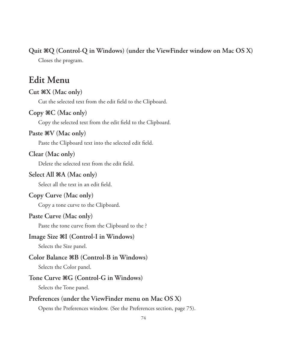 Edit menu | Better Light 7 User Manual | Page 74 / 99