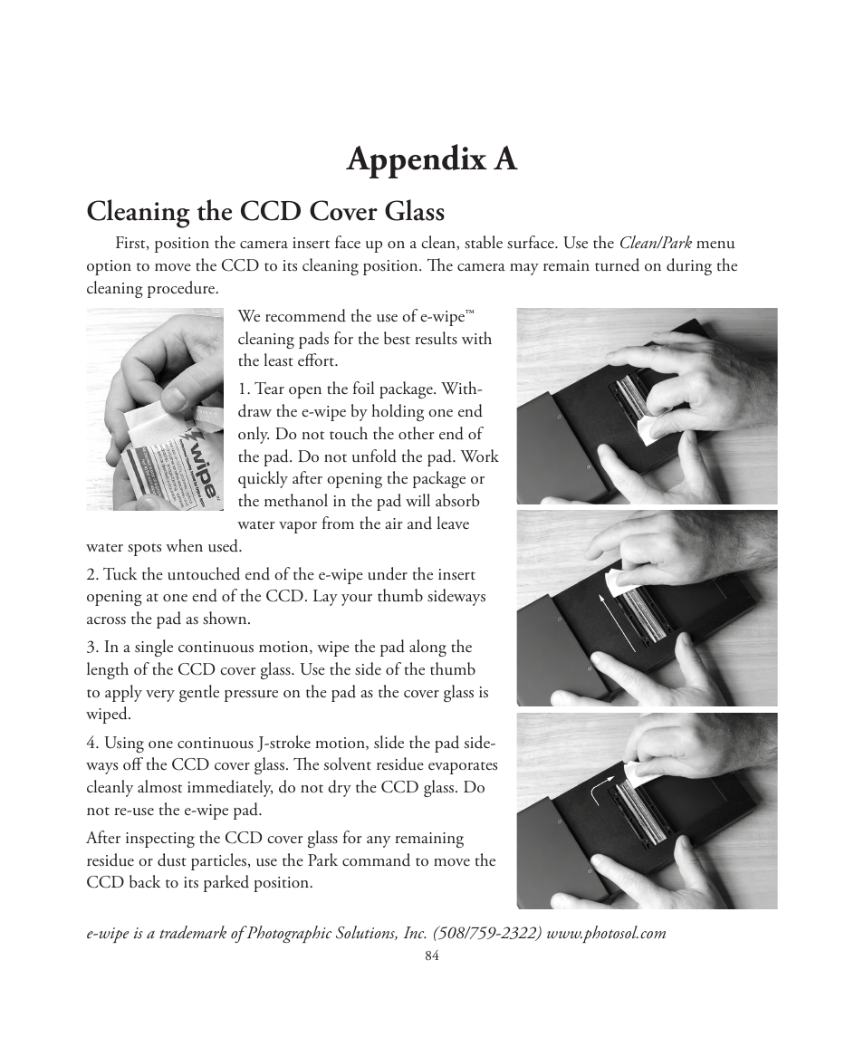 Appendix a, Cleaning the ccd cover glass | Better Light 7 User Manual | Page 84 / 99