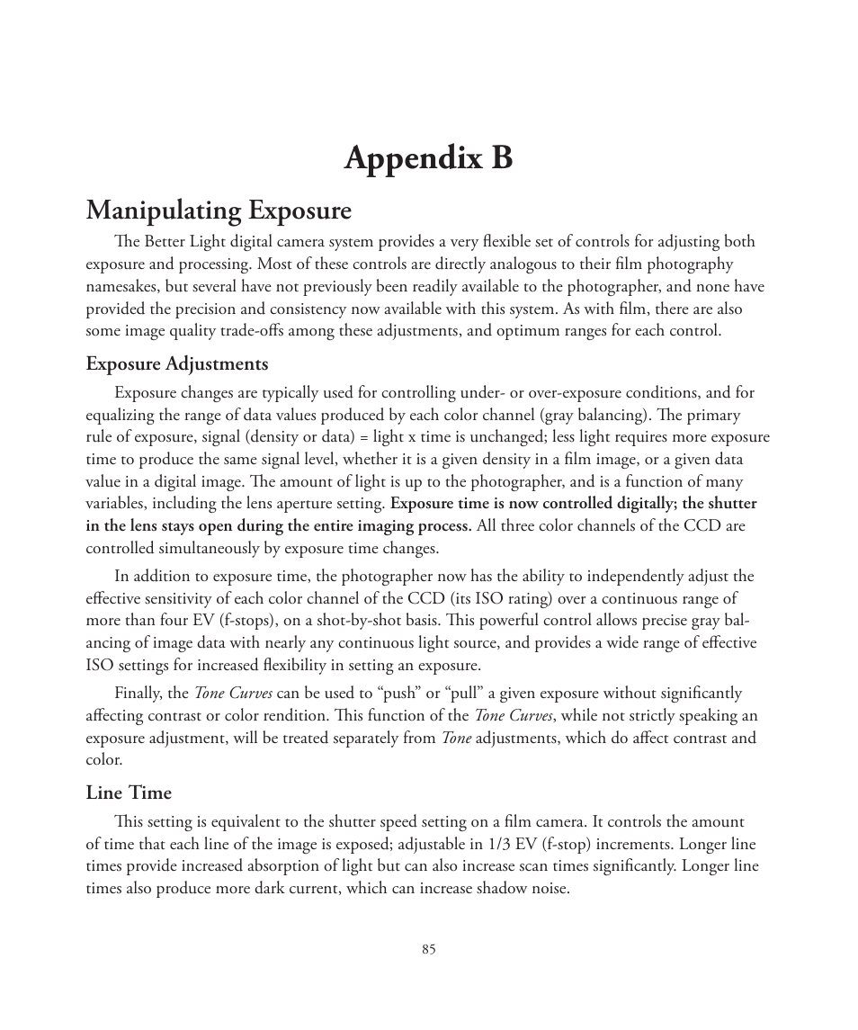 Appendix b, Manipulating exposure | Better Light 7 User Manual | Page 85 / 99