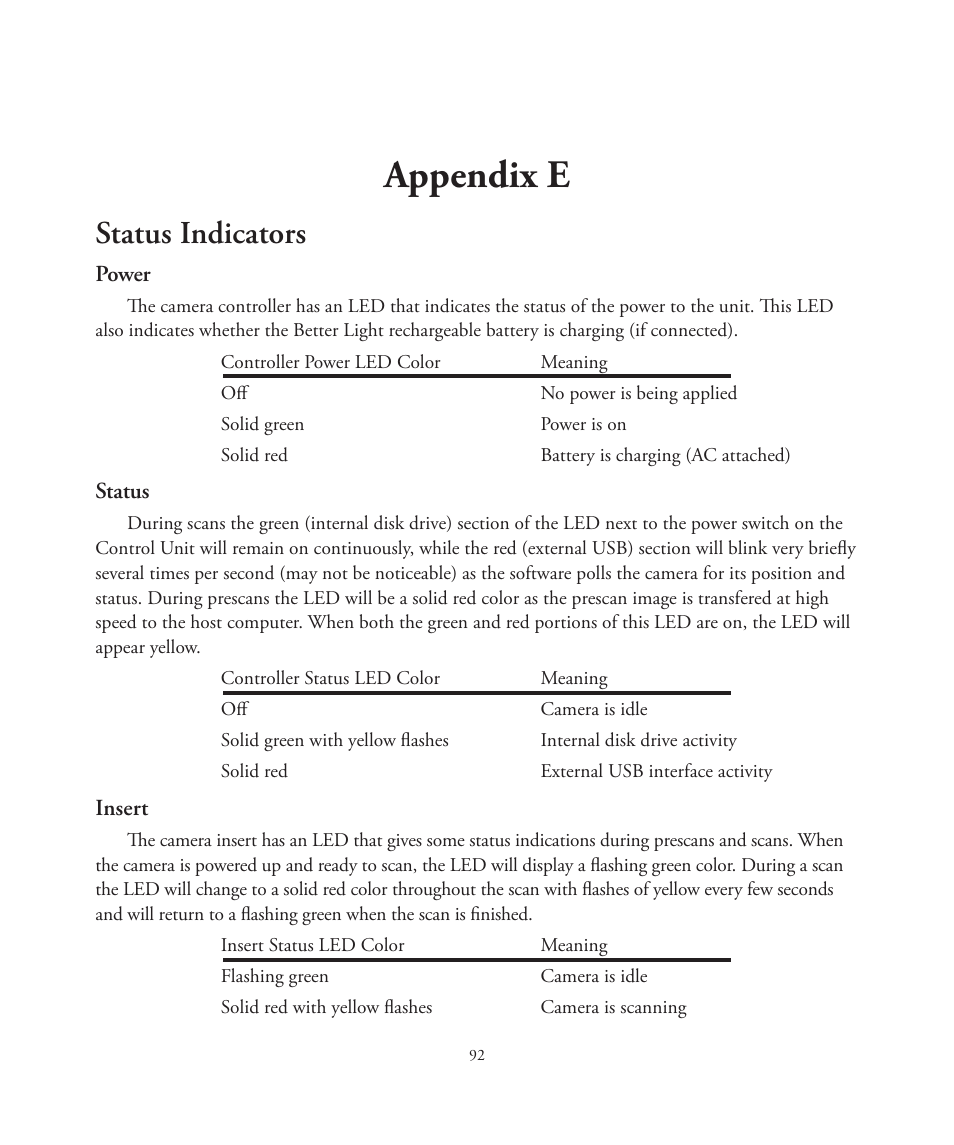 Appendix e, Status indicators | Better Light 7 User Manual | Page 92 / 99