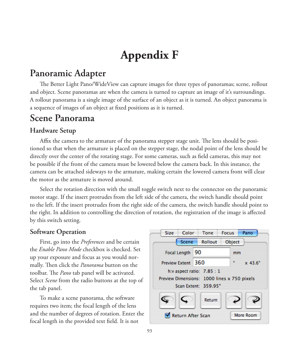 Appendix f, Panoramic adapter, Scene panorama | Better Light 7 User Manual | Page 93 / 99