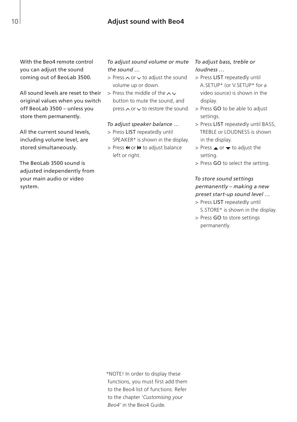 Adjust sound with beo4 | Bang & Olufsen BeoLab 3500 - User Guide User Manual | Page 10 / 28