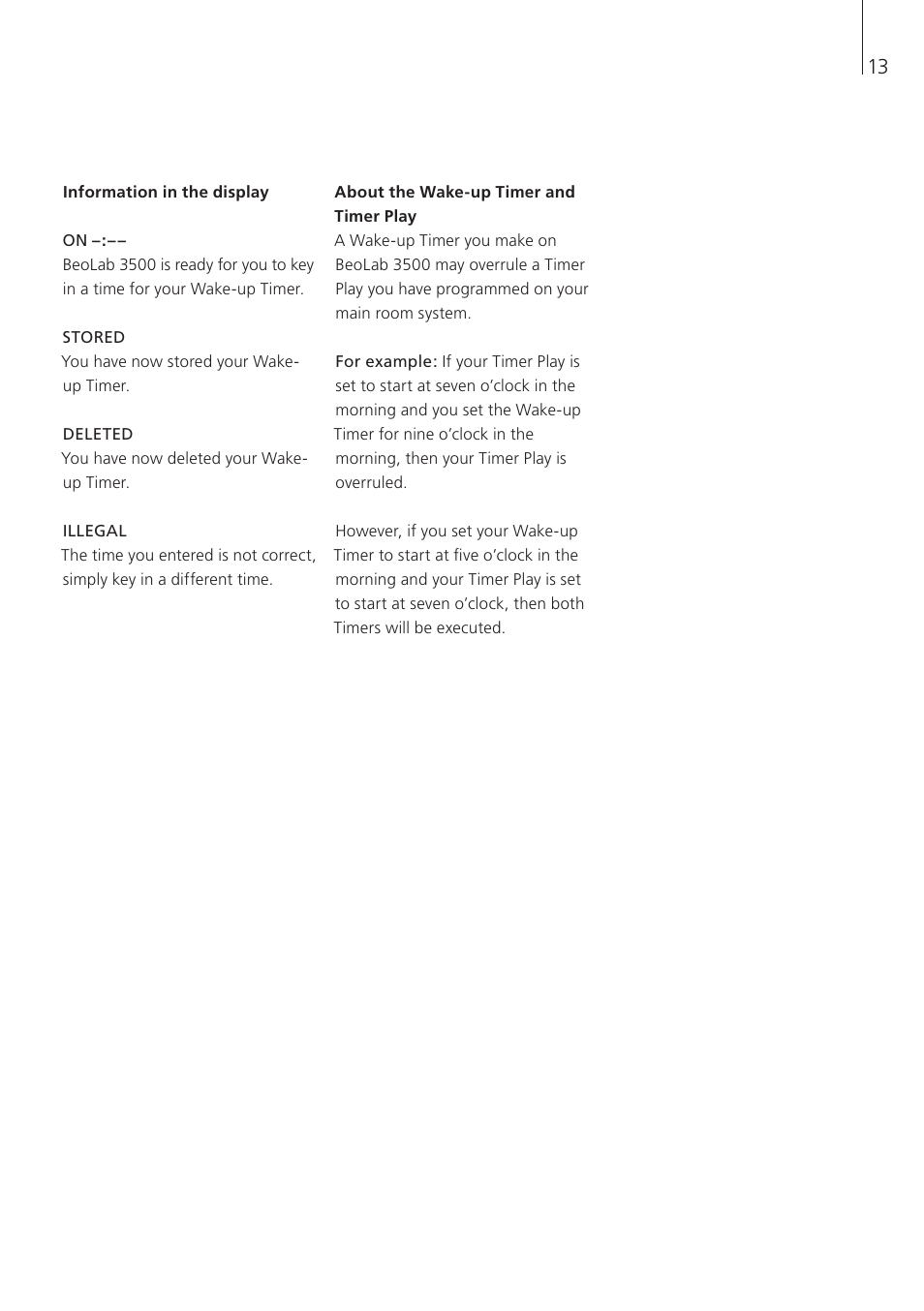 Information in the display, About the wake-up timer and timer play | Bang & Olufsen BeoLab 3500 - User Guide User Manual | Page 13 / 28