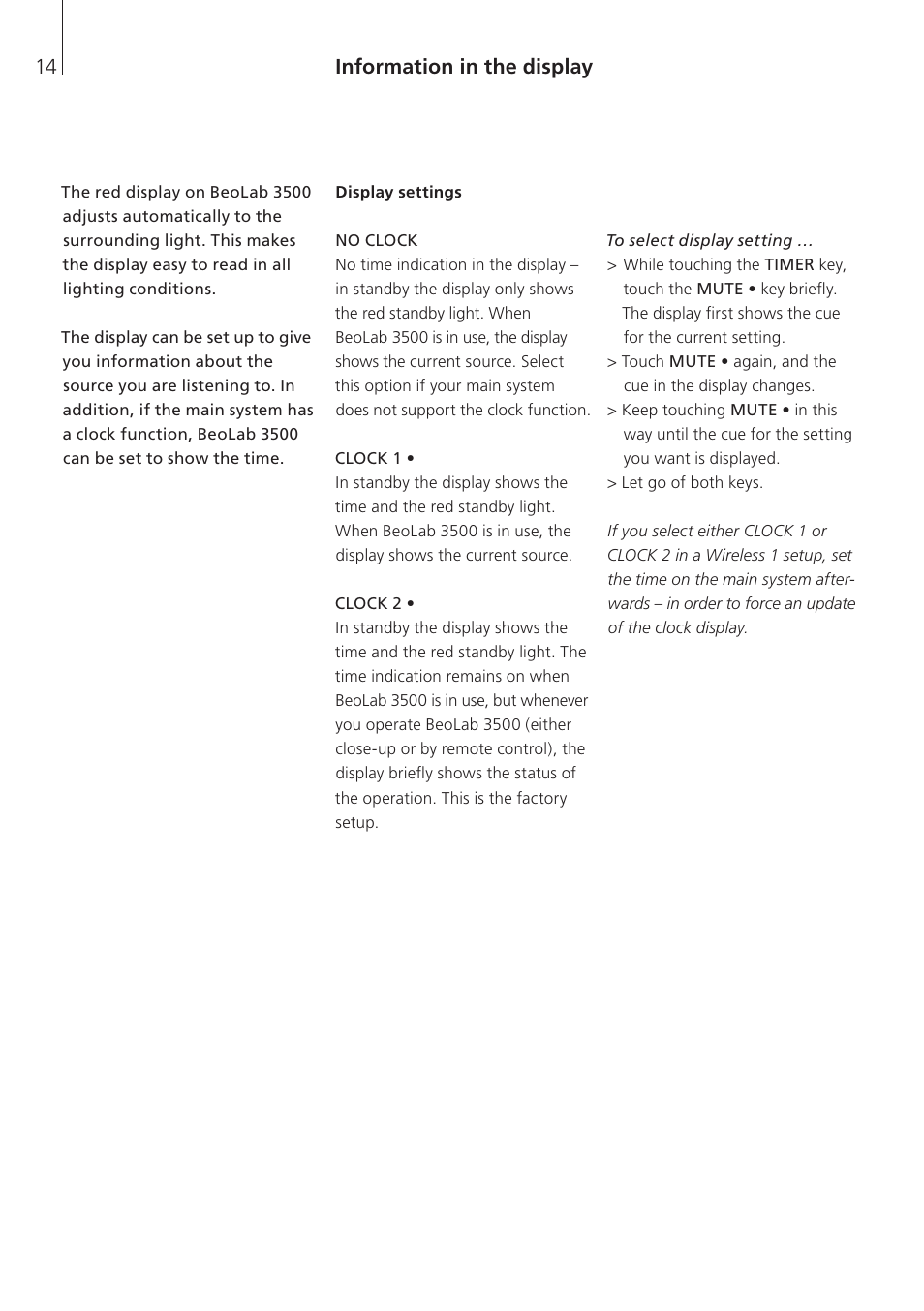 Information in the display, Display settings | Bang & Olufsen BeoLab 3500 - User Guide User Manual | Page 14 / 28