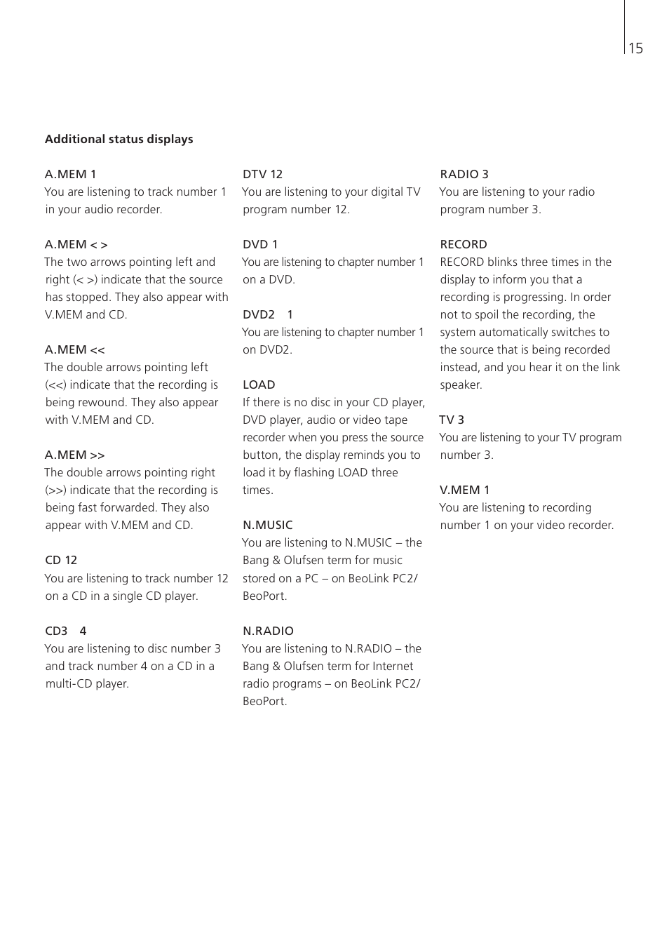 Additional status displays | Bang & Olufsen BeoLab 3500 - User Guide User Manual | Page 15 / 28