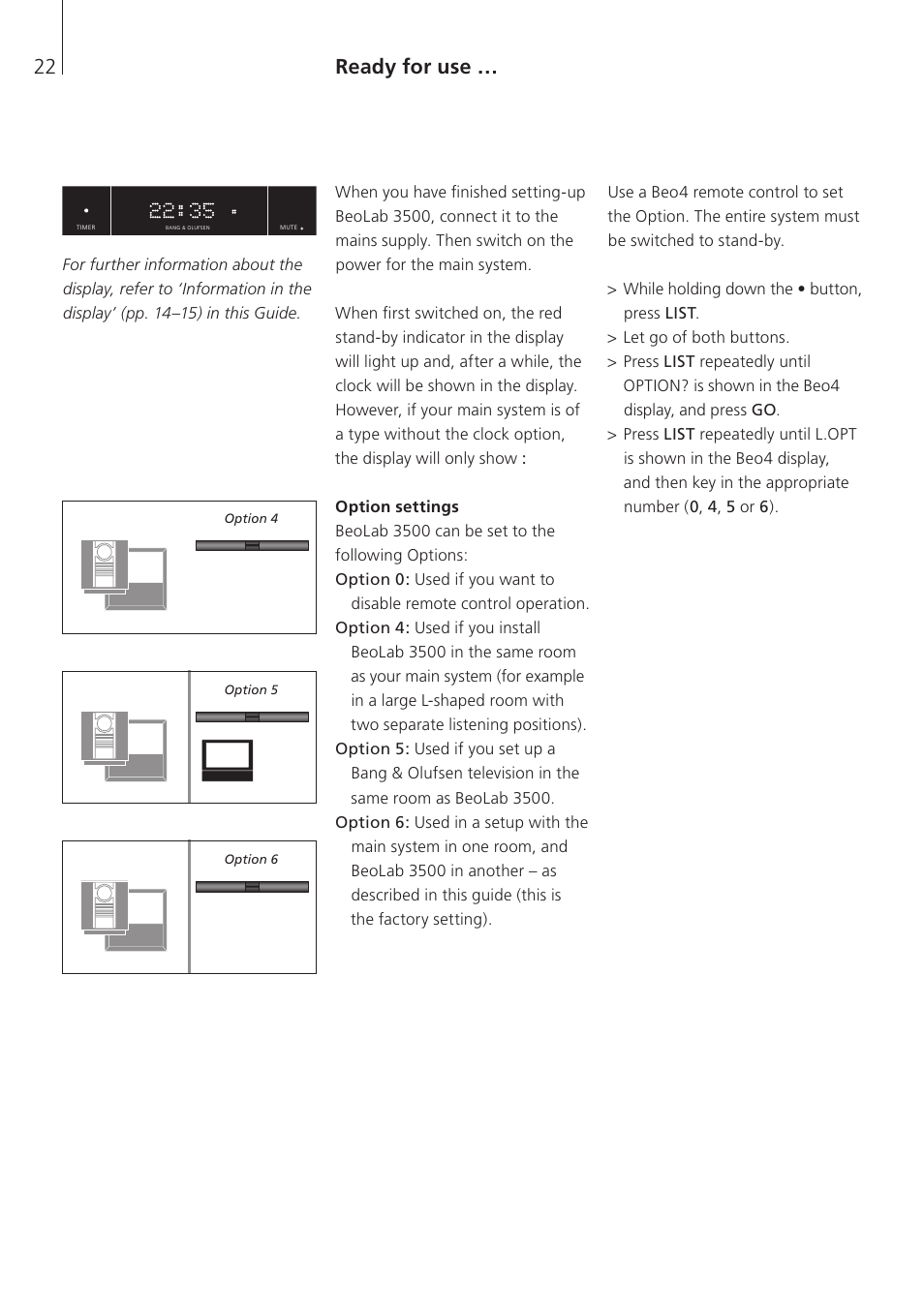 Ready for use, Option settings | Bang & Olufsen BeoLab 3500 - User Guide User Manual | Page 22 / 28