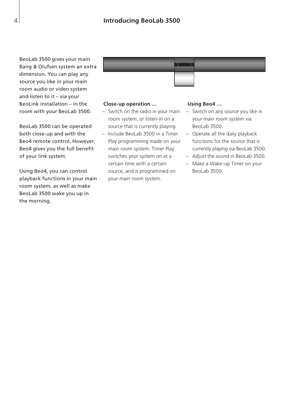 Introducing beolab 3500, Close-up operation, Using beo4 | Bang & Olufsen BeoLab 3500 - User Guide User Manual | Page 4 / 28