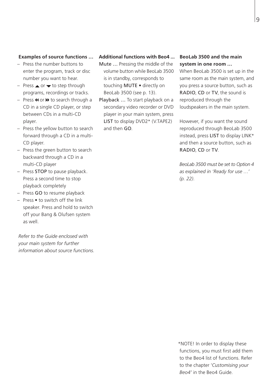 Examples of source functions, Additional functions with beo4, Beolab 3500 and the main system in one room | Bang & Olufsen BeoLab 3500 - User Guide User Manual | Page 9 / 28
