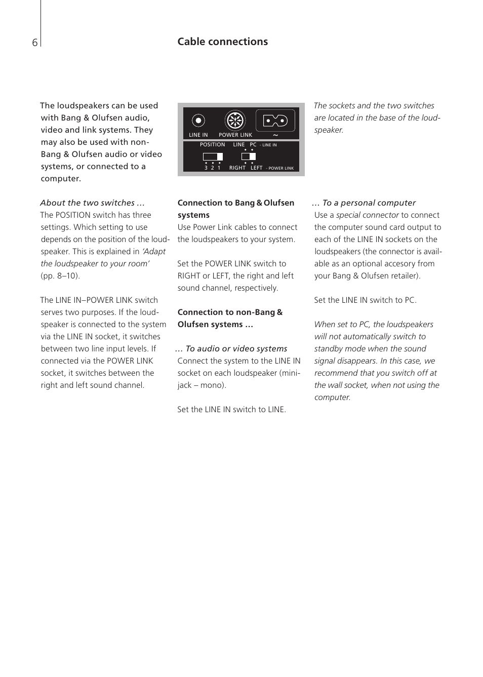 Cable connections, Connection to bang & olufsen systems, Connection to non-bang & olufsen systems | Bang & Olufsen BeoLab 4 - User Guide User Manual | Page 6 / 12