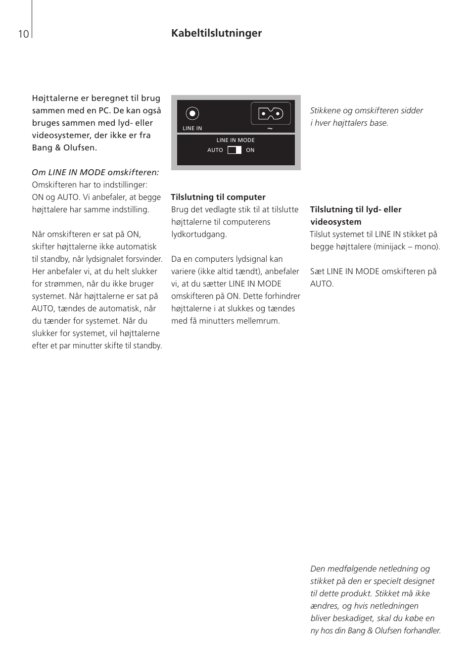 Kabeltilslutninger | Bang & Olufsen BeoLab 4 PC - User Guide User Manual | Page 10 / 76