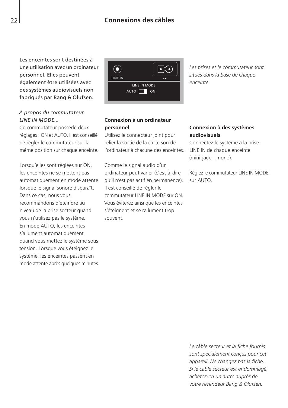 Connexions des câbles | Bang & Olufsen BeoLab 4 PC - User Guide User Manual | Page 22 / 76