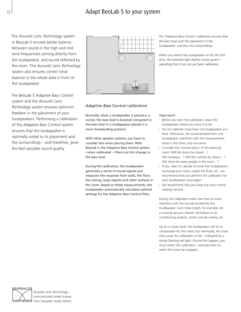 Adapt beolab 5 to your system, Adaptive bass control calibration | Bang & Olufsen BeoLab 5 - User Guide User Manual | Page 12 / 20