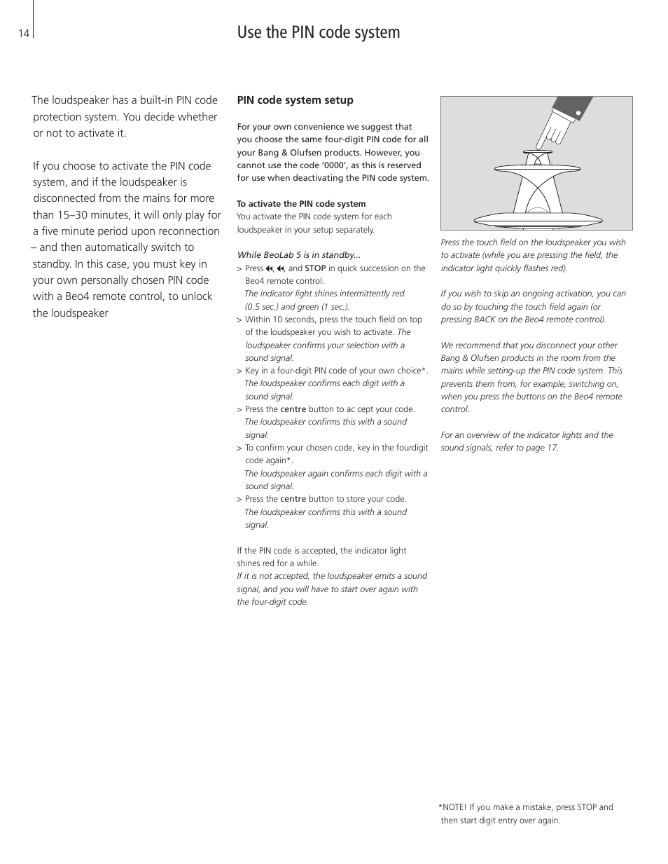 Use the pin code system, Pin code system setup | Bang & Olufsen BeoLab 5 - User Guide User Manual | Page 14 / 20