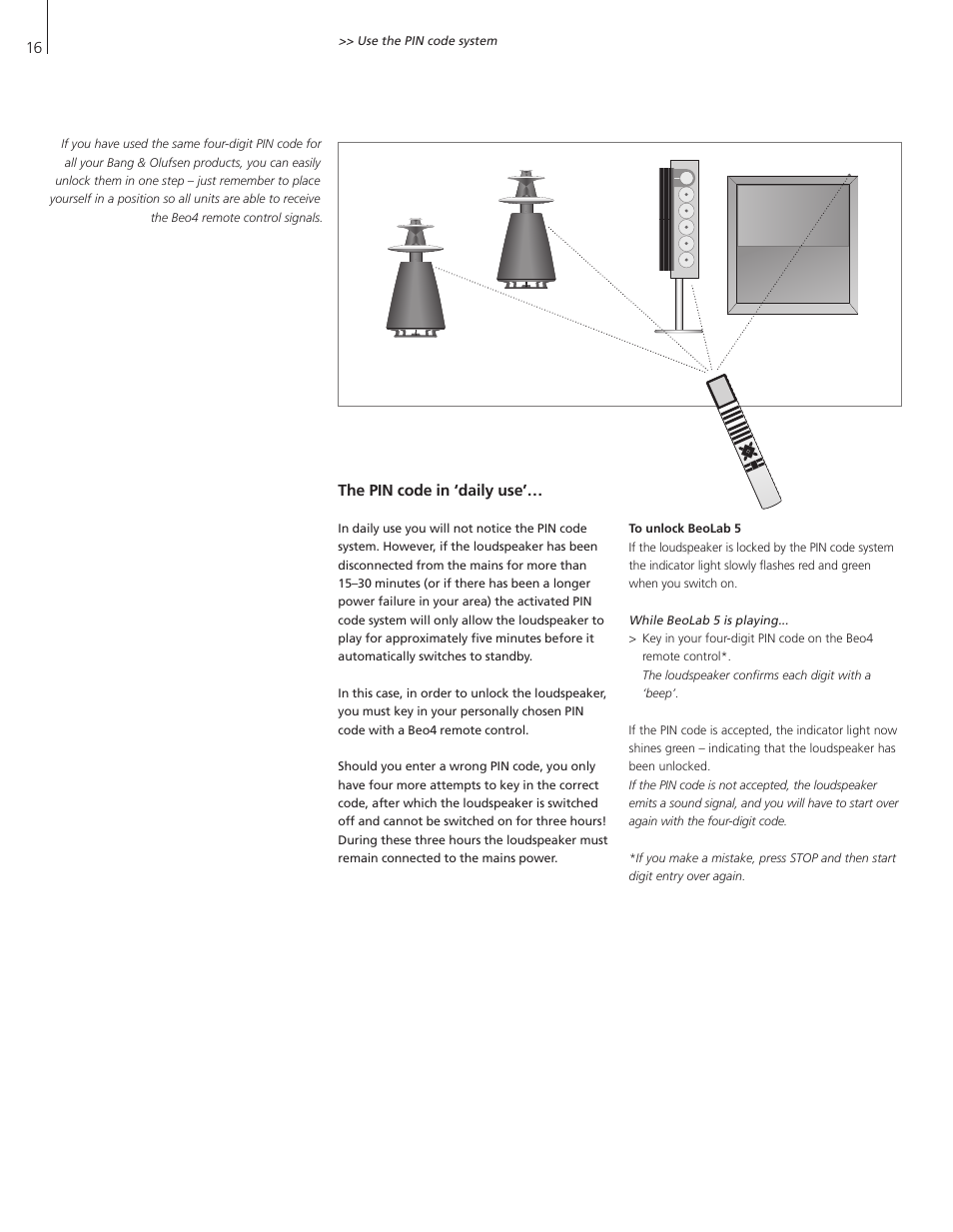 The pin code in ‘daily use | Bang & Olufsen BeoLab 5 - User Guide User Manual | Page 16 / 20