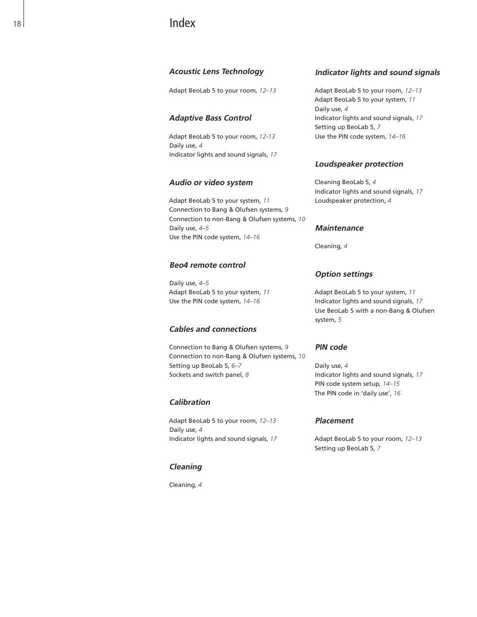 Index | Bang & Olufsen BeoLab 5 - User Guide User Manual | Page 18 / 20