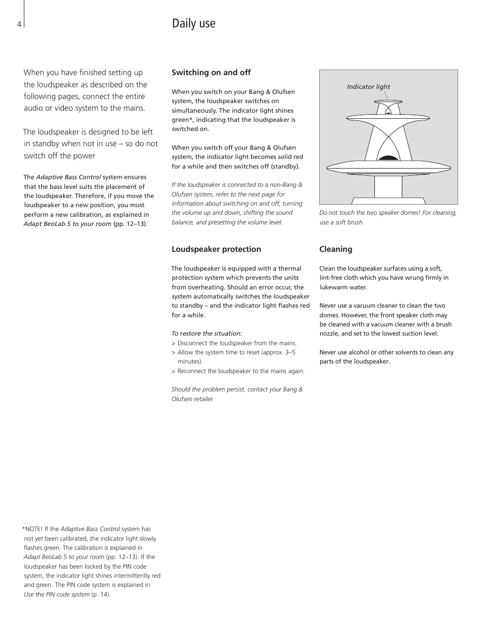 Daily use, Switching on and off, Loudspeaker protection | Cleaning | Bang & Olufsen BeoLab 5 - User Guide User Manual | Page 4 / 20