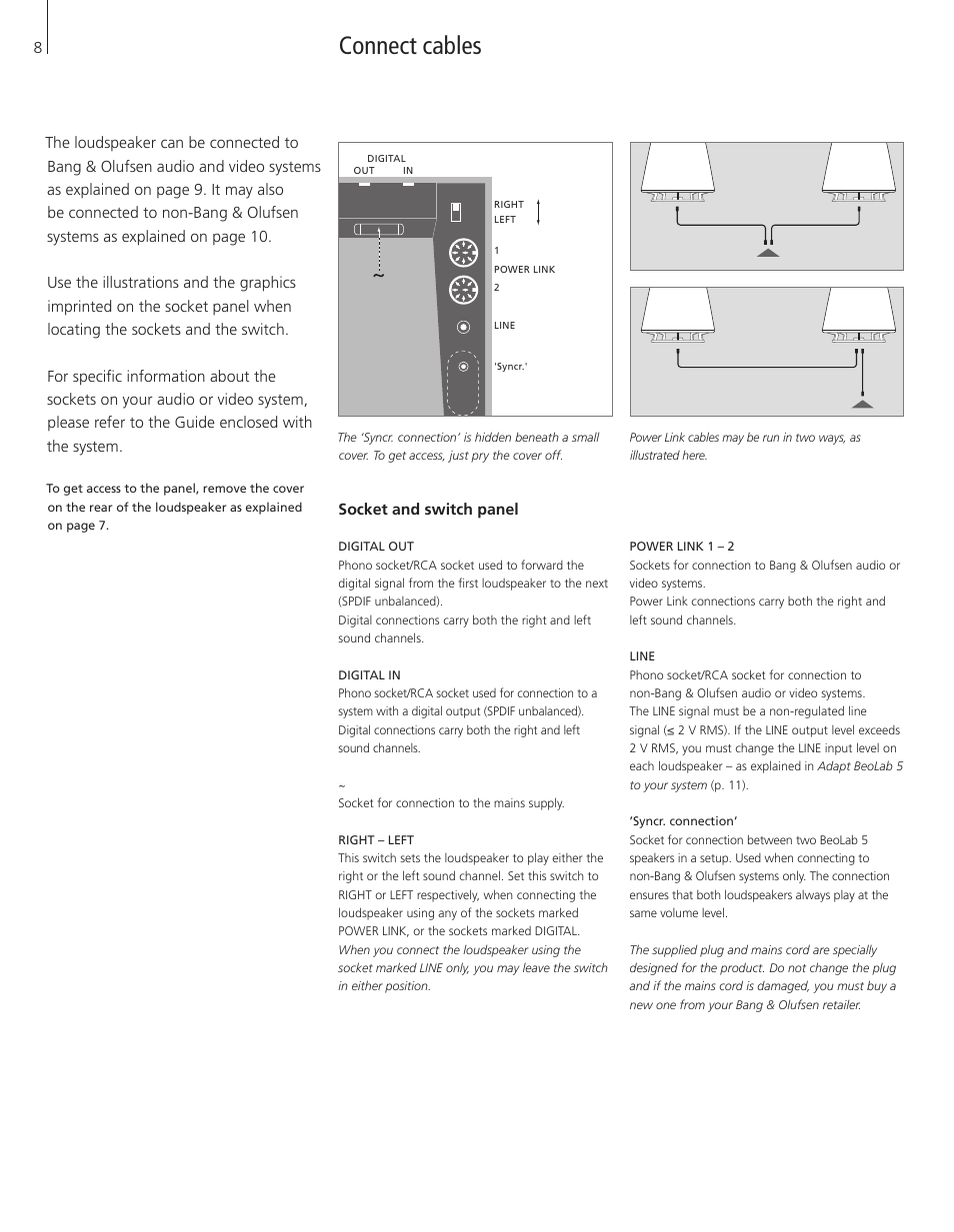 Connect cables, Socket and switch panel | Bang & Olufsen BeoLab 5 - User Guide User Manual | Page 8 / 20