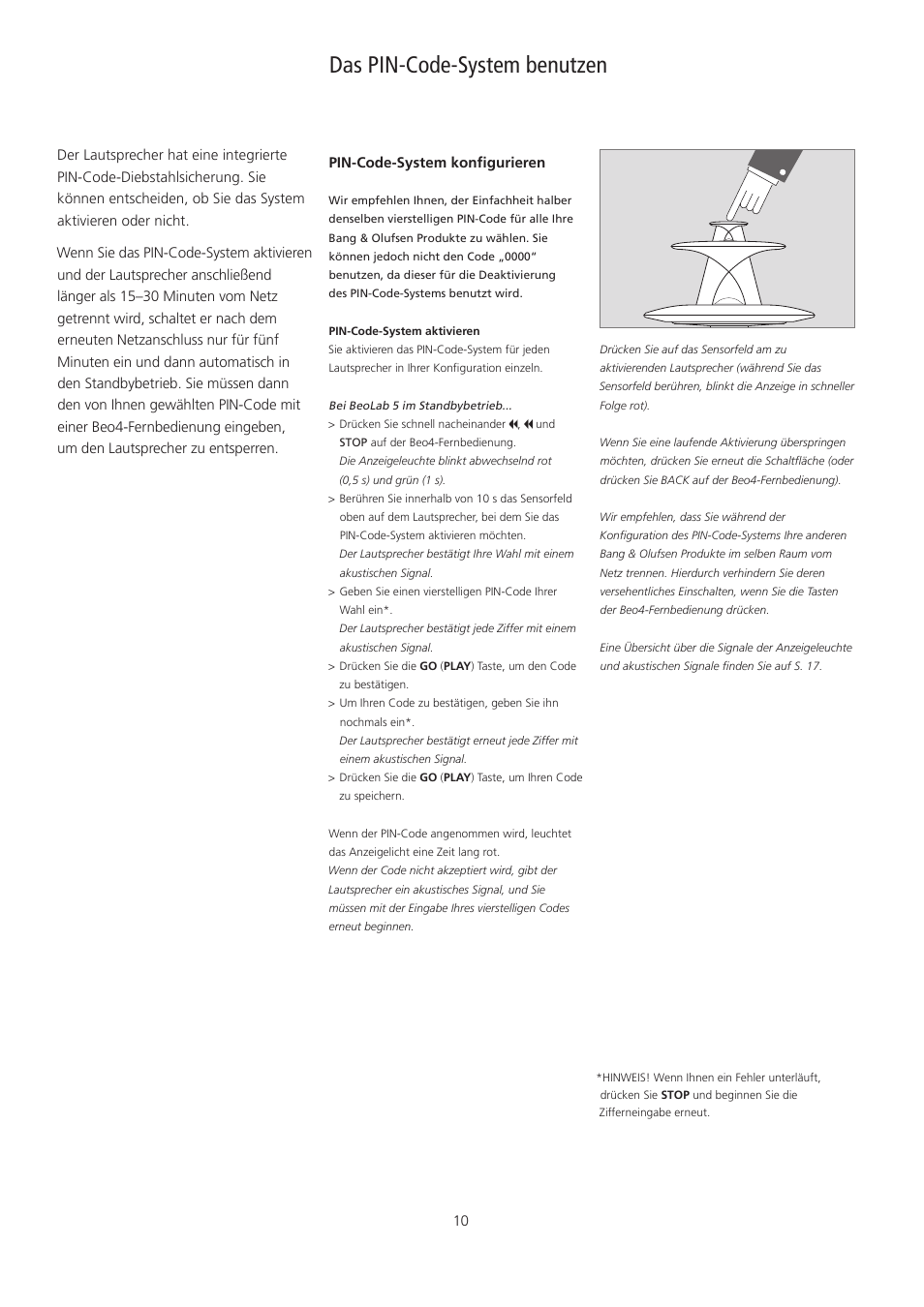 Das pin-code-system benutzen, Deutsch – (german) | Bang & Olufsen BeoLab 5 - pin code correction User Manual | Page 10 / 24