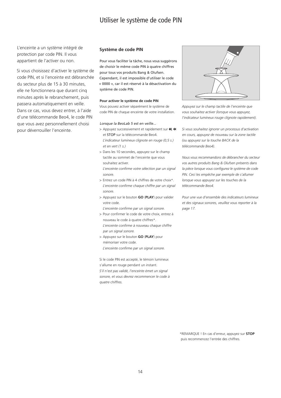 Utiliser le système de code pin, Français – (french) | Bang & Olufsen BeoLab 5 - pin code correction User Manual | Page 14 / 24