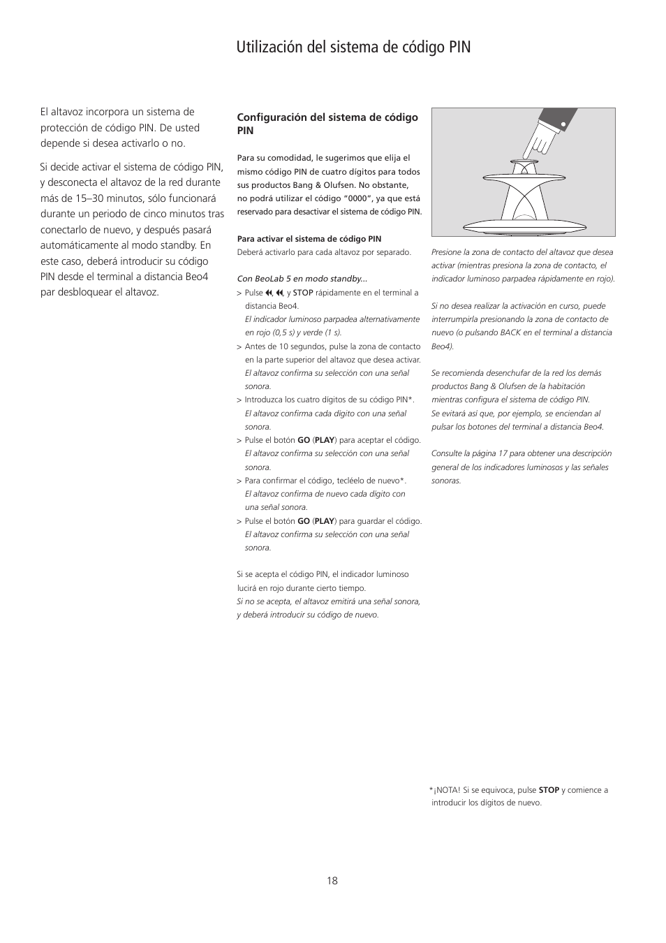 Utilización del sistema de código pin, Español – (spanish) | Bang & Olufsen BeoLab 5 - pin code correction User Manual | Page 18 / 24