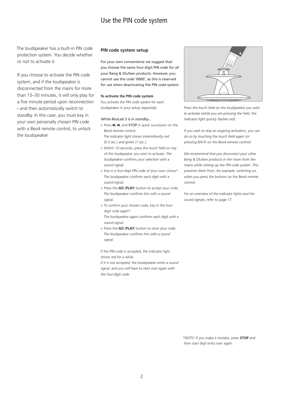 English, Use the pin code system | Bang & Olufsen BeoLab 5 - pin code correction User Manual | Page 2 / 24
